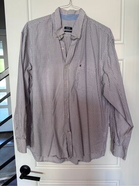 IZOD Men’s XL Performance Button Down Windowpane Dress Shirt Red Blue Check